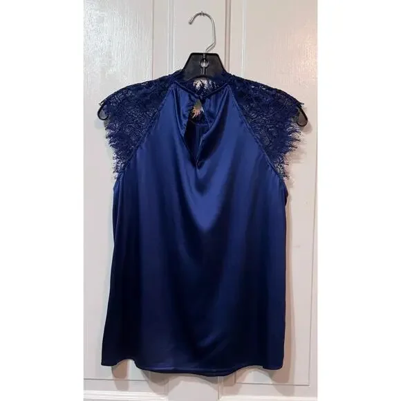 NWT Generation Love Charolette Navy Blue Silk Lace Sleeve Blouse Top Size S - Picture 6 of 10
